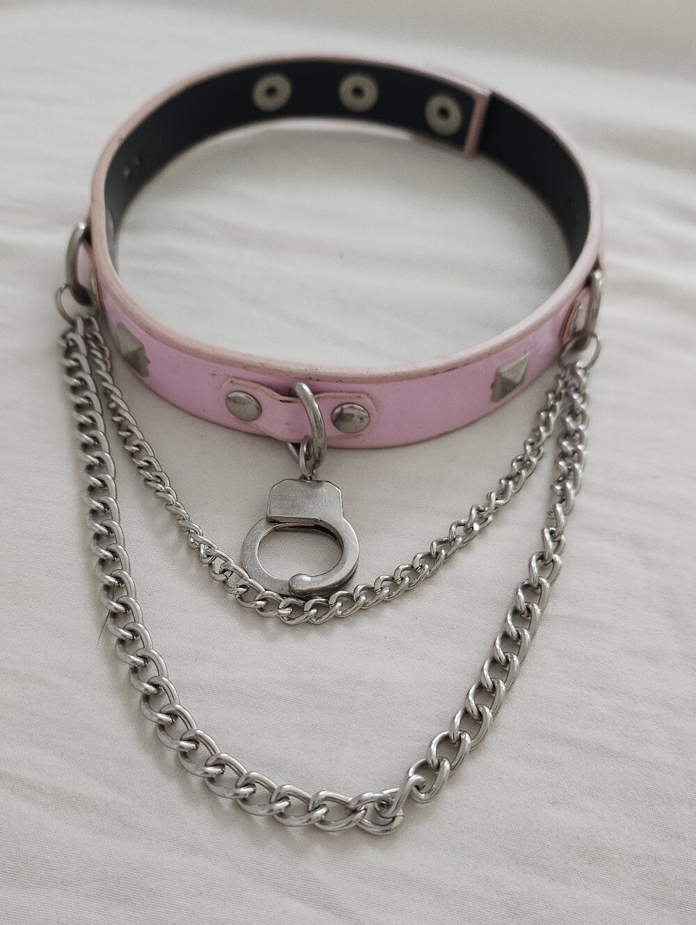 Glavil Tutuha Gyaru Baby Pink Shiny Leather Choker with Handcuff Chains